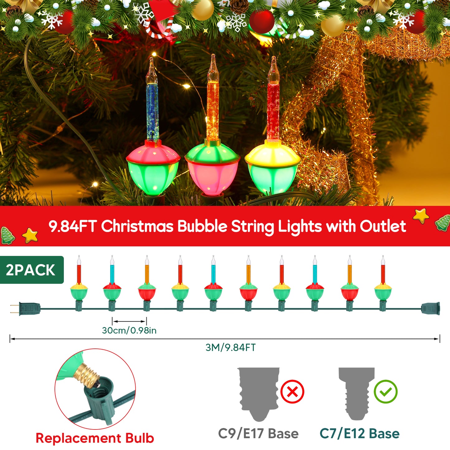 2 PACK Christmas Bubble String Lights with 10 Light Bulbs and Outlet