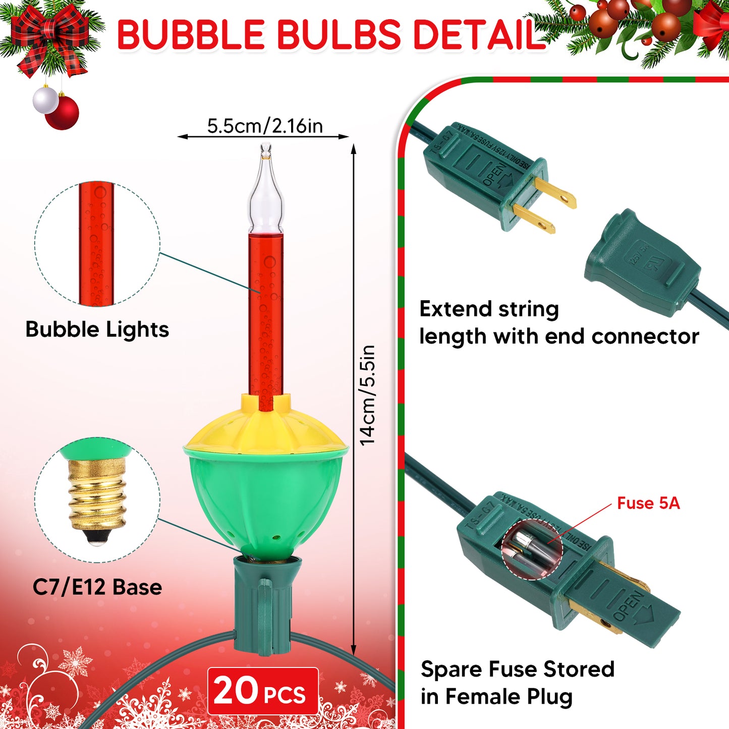 2 PACK Christmas Bubble String Lights with 10 Light Bulbs and Outlet