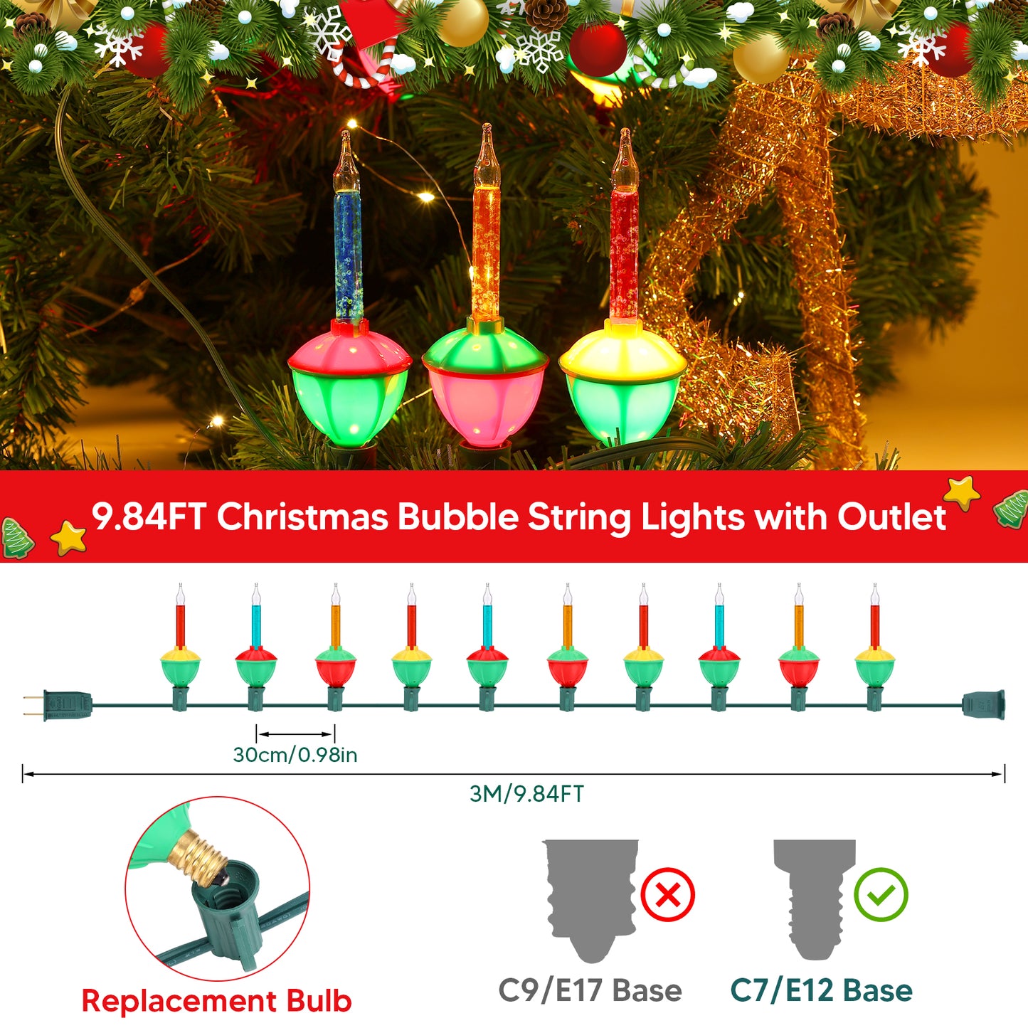 1 PACK Christmas Bubble String Lights with 10 Light Bulbs and Outlet